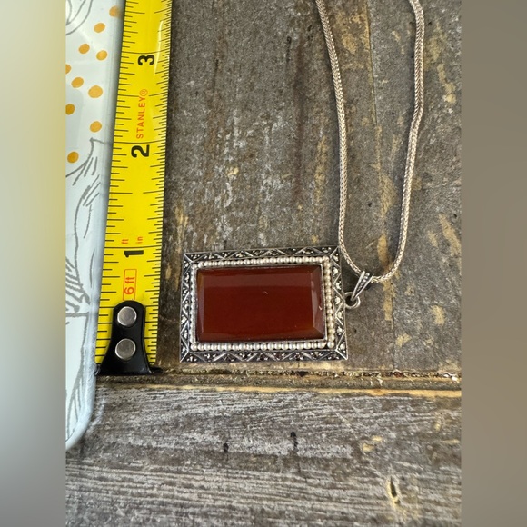 ANTIQUE GERMAN STERLING CARNELIAN EMERLD CUT PENDANT & UNIQUE 18” CHAIN ~13.29g - Picture 9 of 13